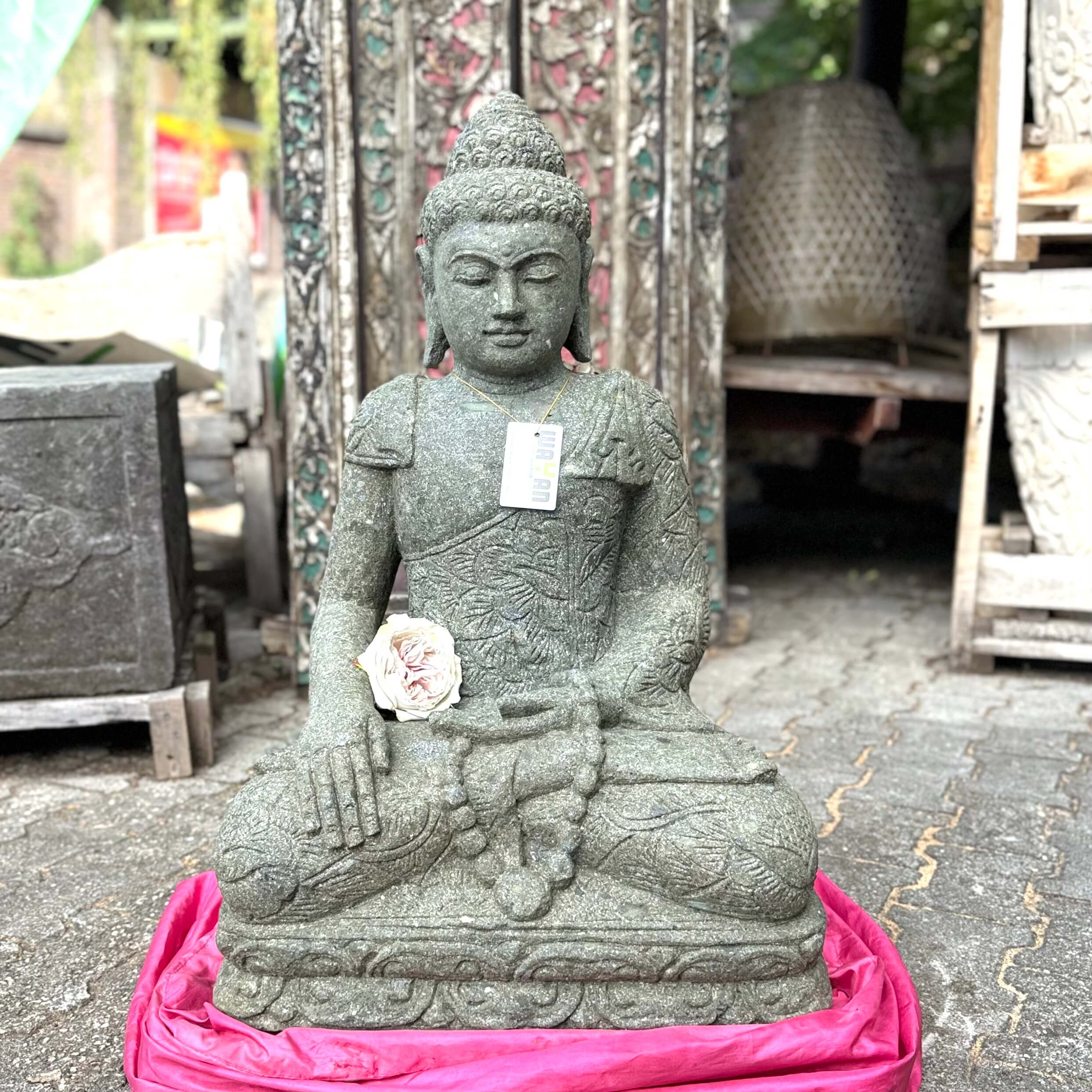 Original Bali Buddha Statue mit Mala und Gebetskette 85 cm